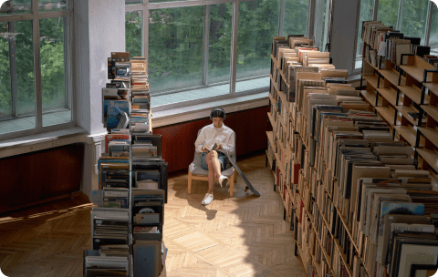 Library interior with students